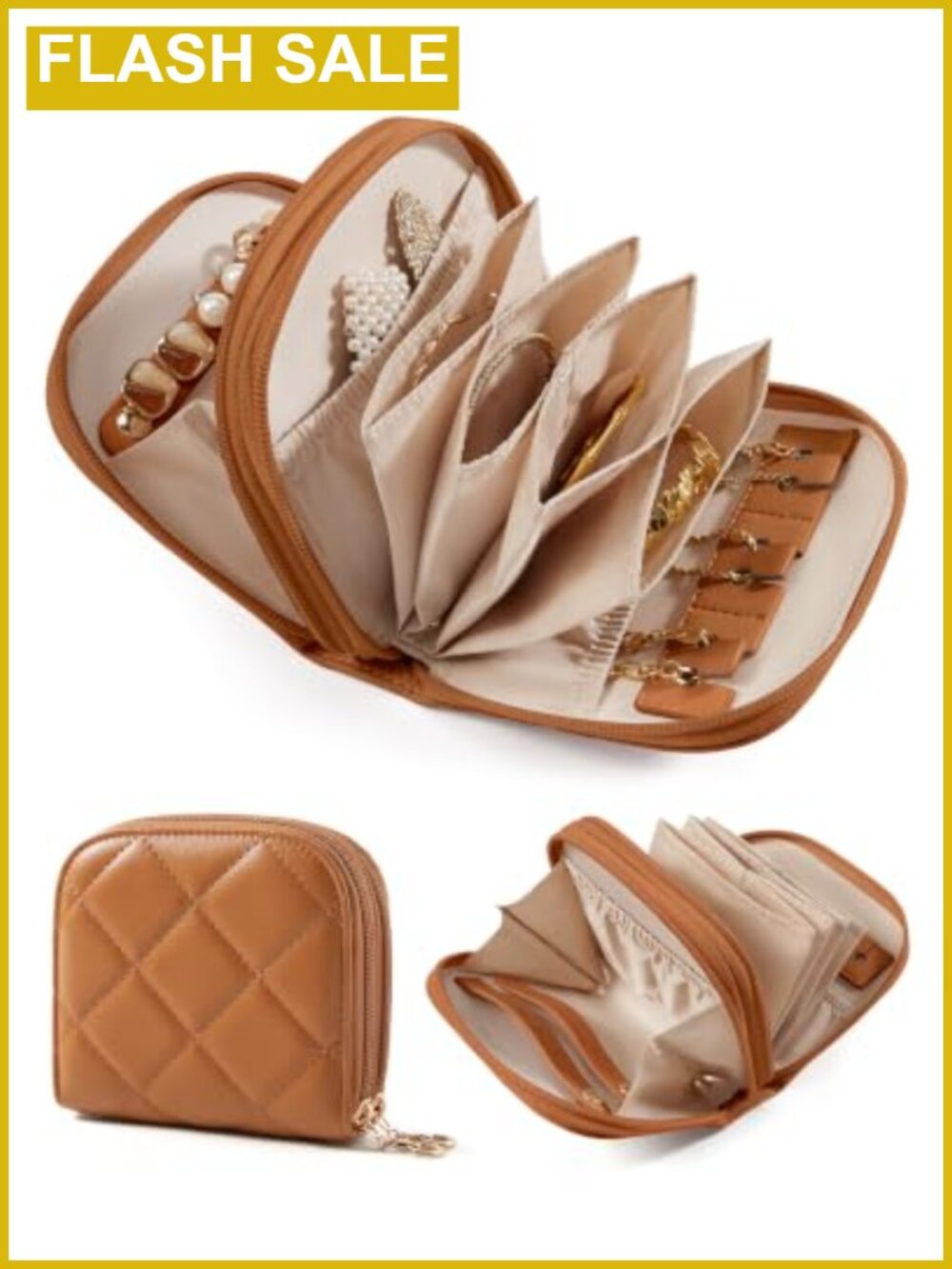 Travel Jewelry Case Leather 2-Zip Organizer Rings Necklaces Earrings